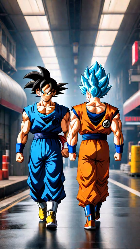  anime art: goku and vegeta's sons, goten and trunks, evolved without tails due to earth's peaceful environment. hyperrealistic, full body, detailed clothing, highly detailed, cinematic lighting, stunningly beautiful, intricate, sharp focus, f/1. 8, 85mm, (centered image composition), (professionally color graded), ((bright soft diffused light)), volumetric fog, trending on instagram, trending on tumblr, HDR 4K, 8K