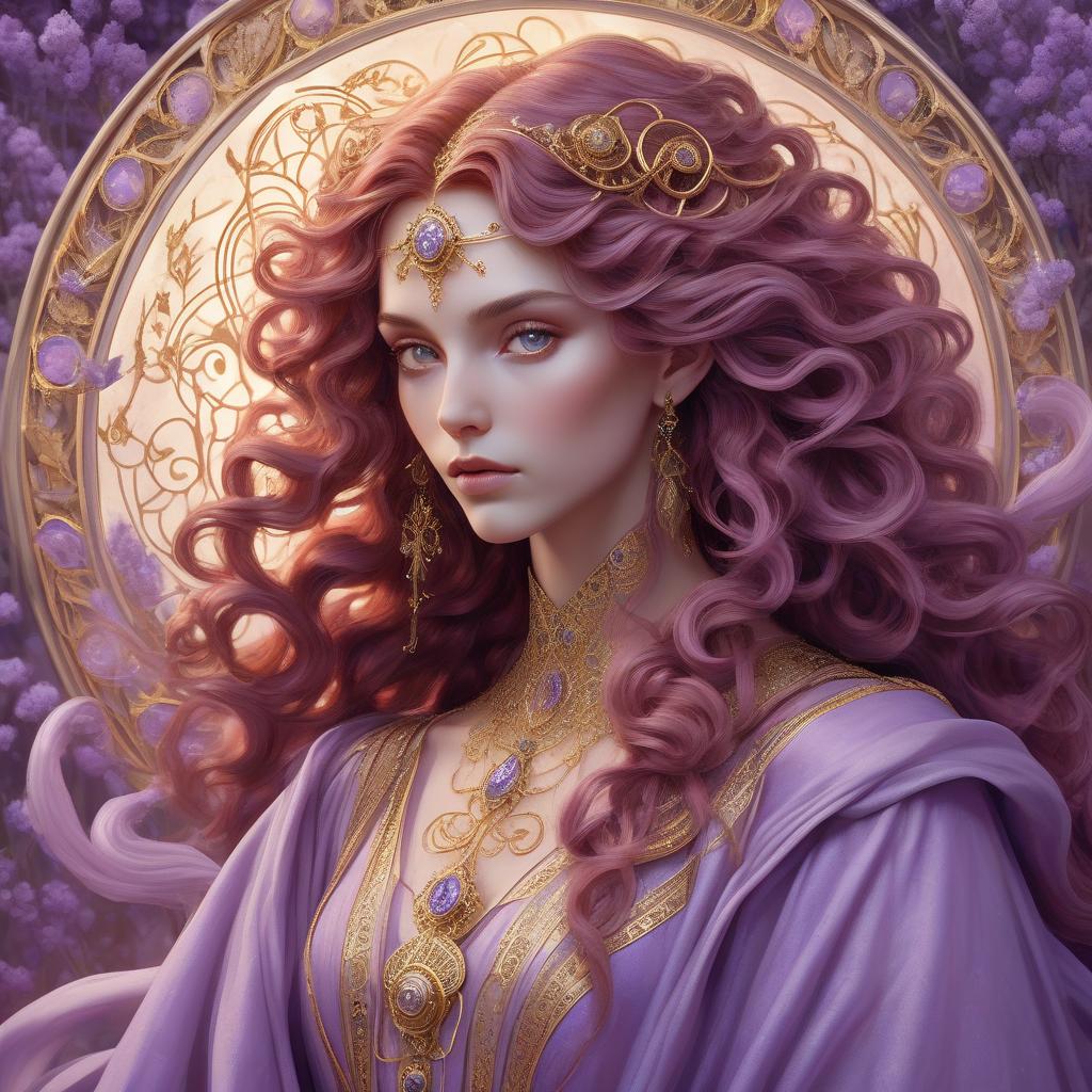  a sorceress of time, long crimson pre raphaelite style hair with curls forming fibonacci spirals, robed in a lavender gown that flows like liquid gold, intricate and luxurious, a vision of beauty that defies the ages. opalescent, pearlescent, prismatic, luminescent, zentangle, filigree, molten gold, masterpiece museum quality, by josephine y this portrait combines the mystique of ancient deities with the grace of modern aesthetics, inviting the viewer into a world where magic reigns supreme. chaos 40 ar 3:4 stylize 800, trending on artstation, sharp focus, studio photo, intricate details, highly detailed, by greg rutkowski