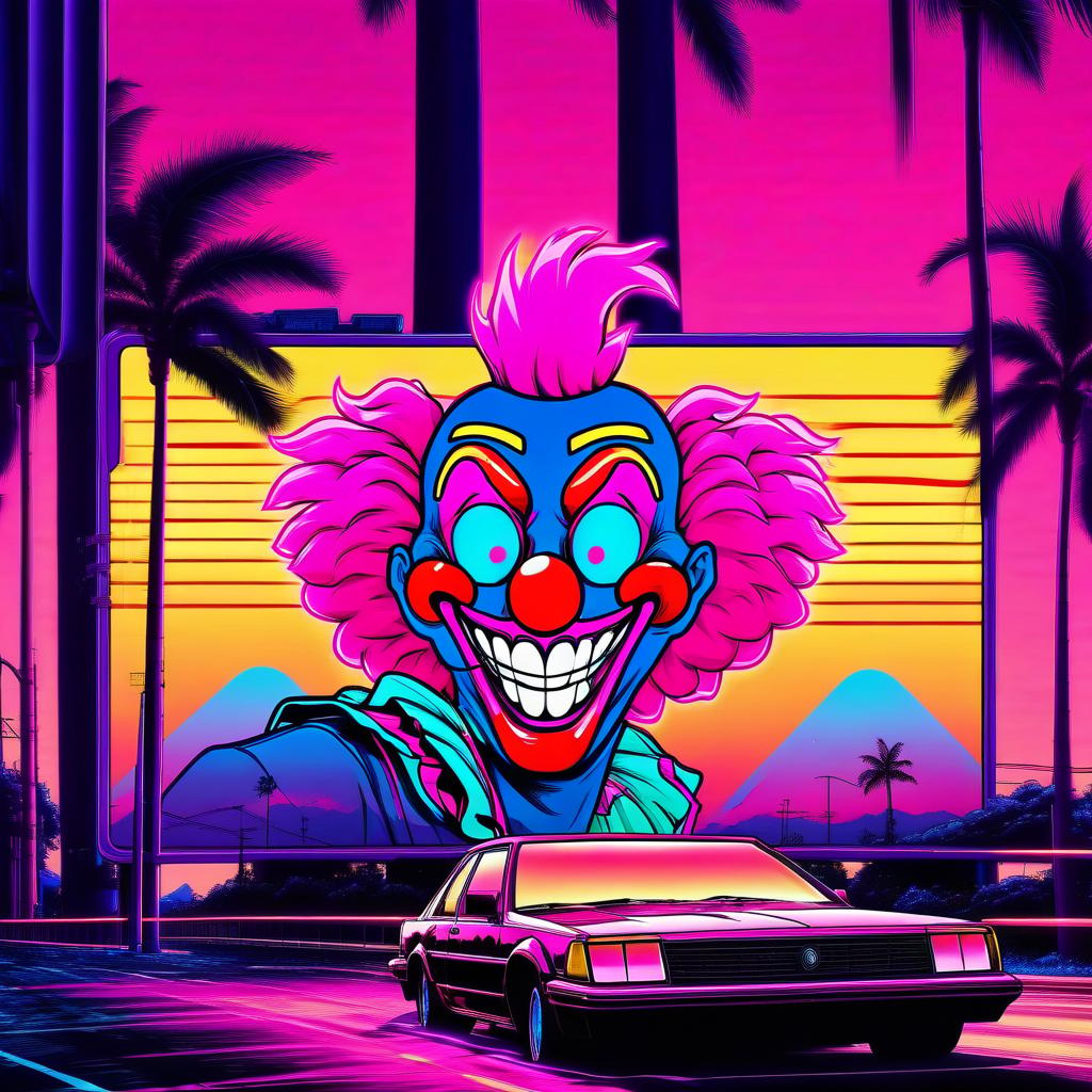  manga style retrowave clown, retrowave car, retrowave road, retrowave sun, retrowave palm tree, retrowave billboard . vibrant, high energy, detailed, iconic, japanese comic style