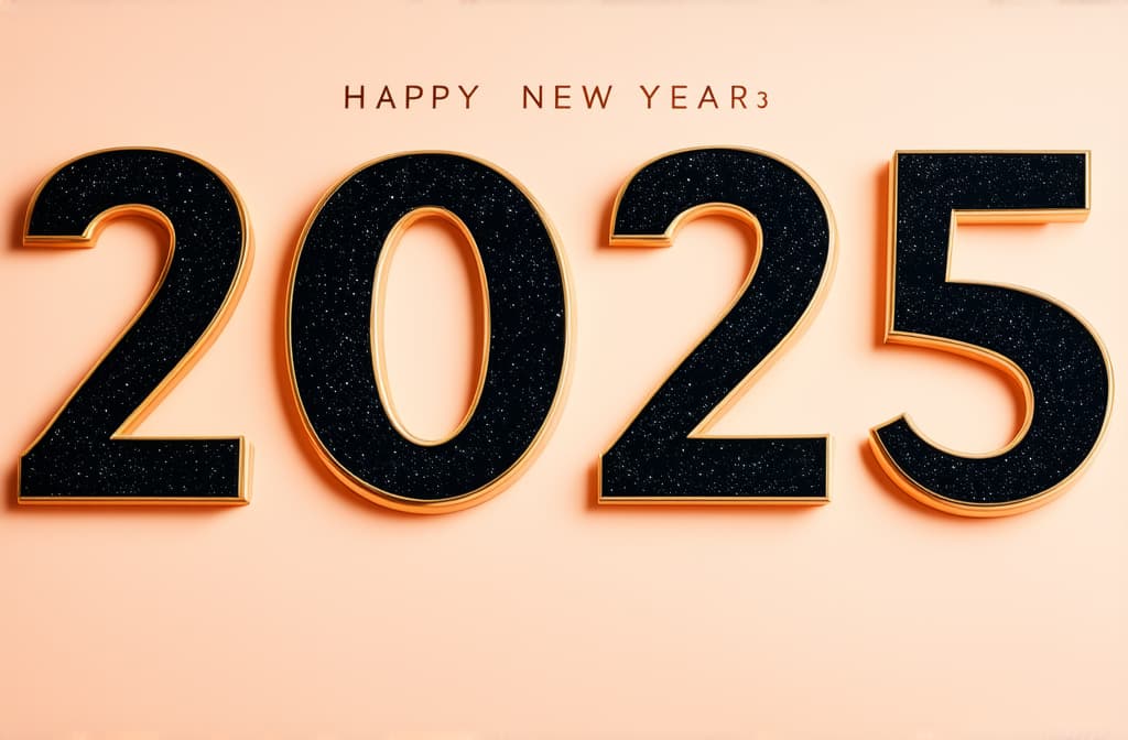  professional detailed photography, happy new year 2025 poster on peach background ar 3:2, (muted colors, dim colors, soothing tones), (vsco:0.3)