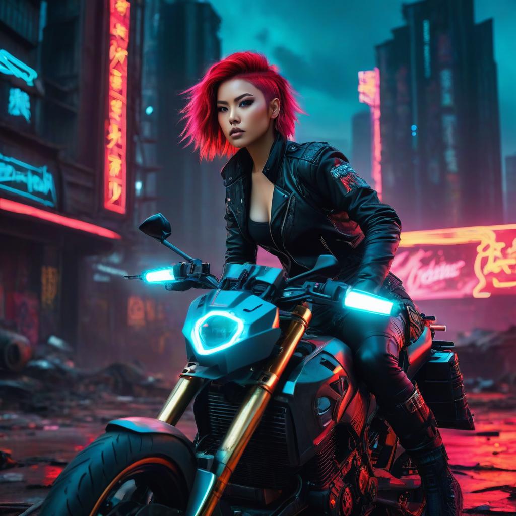  the image shows a girl in a post apocalyptic world. her appearance reflects the style of cyberpunk: bright neon elements in clothing, high tech equipment, implants and cyberprostheses, she has bright red hair that is stacked in an extravagant hairstyle, she sits on a futuristic looking motorcycle that also has elements of cyberpunk: red hot neon lights, metal body, on the belt of a katana girl, with some technological modification, with a neon blade and a built in punch reinforcement system. her face looks confident, her eyes straight and determined. the background of the picture is destroyed buildings, gloomy sky, neon signs that have remained unchanged since before the disaster. traces of chaos and devastation are visible everywhere, whic