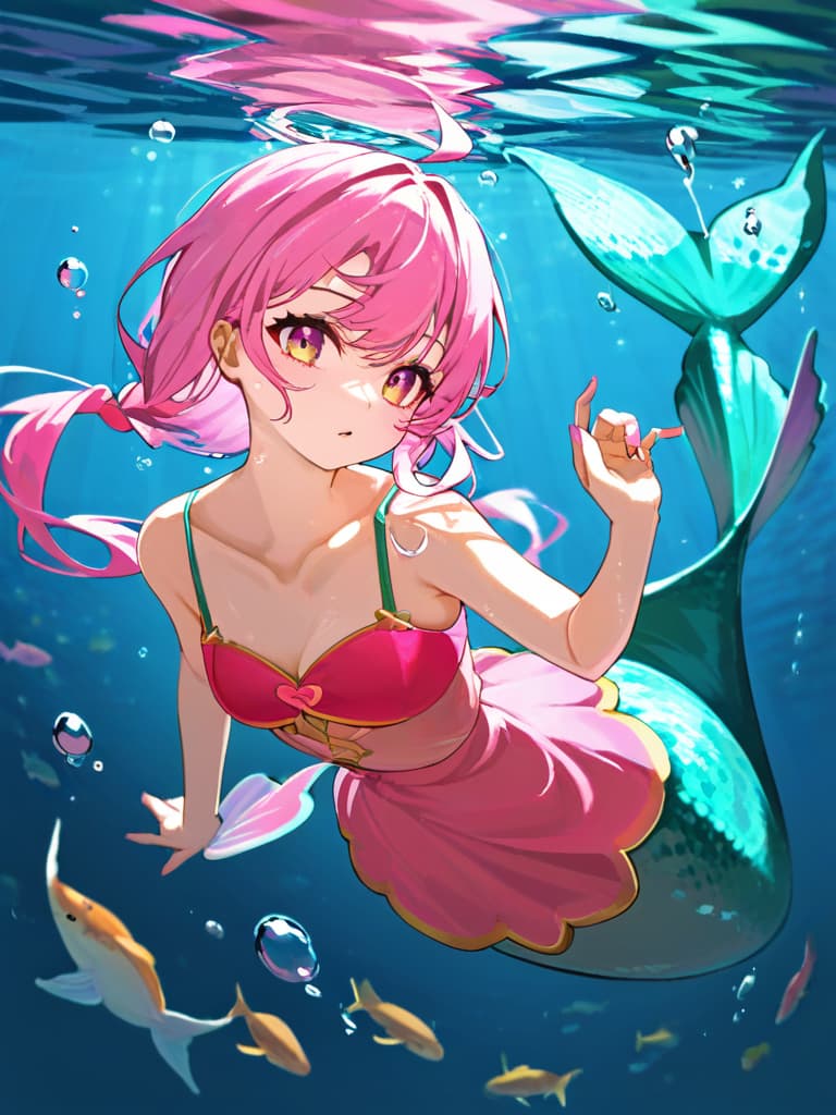  masterpiece(underwater:2.0)(underwater with light:1.7)(🫧🫧bubbles:1.5)(one person)(mermaid:2.0)(beautiful girl human:2.0)(nice body)(salmon pink hair color:1.7)(pink and greensparkling,shapely long fins:1.7) high quality,16k,super analysis