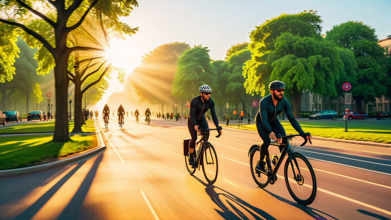  a vibrant cityscape with cyclists weaving through a busy street, surrounded by green parks, bike lanes, and modern architecture. sunlight filters through trees, illuminating smiling faces and dynamic interactions among people on bikes. hyperrealistic, full body, detailed clothing, highly detailed, cinematic lighting, stunningly beautiful, intricate, sharp focus, f/1. 8, 85mm, (centered image composition), (professionally color graded), ((bright soft diffused light)), volumetric fog, trending on instagram, trending on tumblr, HDR 4K, 8K