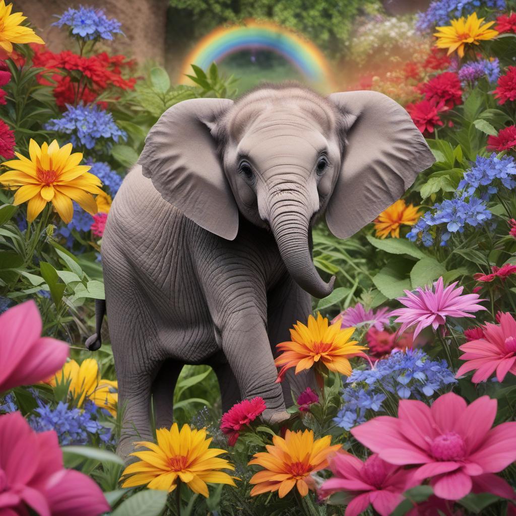  baby elephant with wings sitting in wild flowers with a rainbow in the background , profile image style