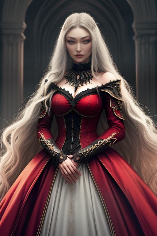  dark castle, gigi hadid with white long hair and green eyes, red dress, center, gothic style hyperrealistic, full body, detailed clothing, highly detailed, cinematic lighting, stunningly beautiful, intricate, sharp focus, f/1. 8, 85mm, (centered image composition), (professionally color graded), ((bright soft diffused light)), volumetric fog, trending on instagram, trending on tumblr, HDR 4K, 8K