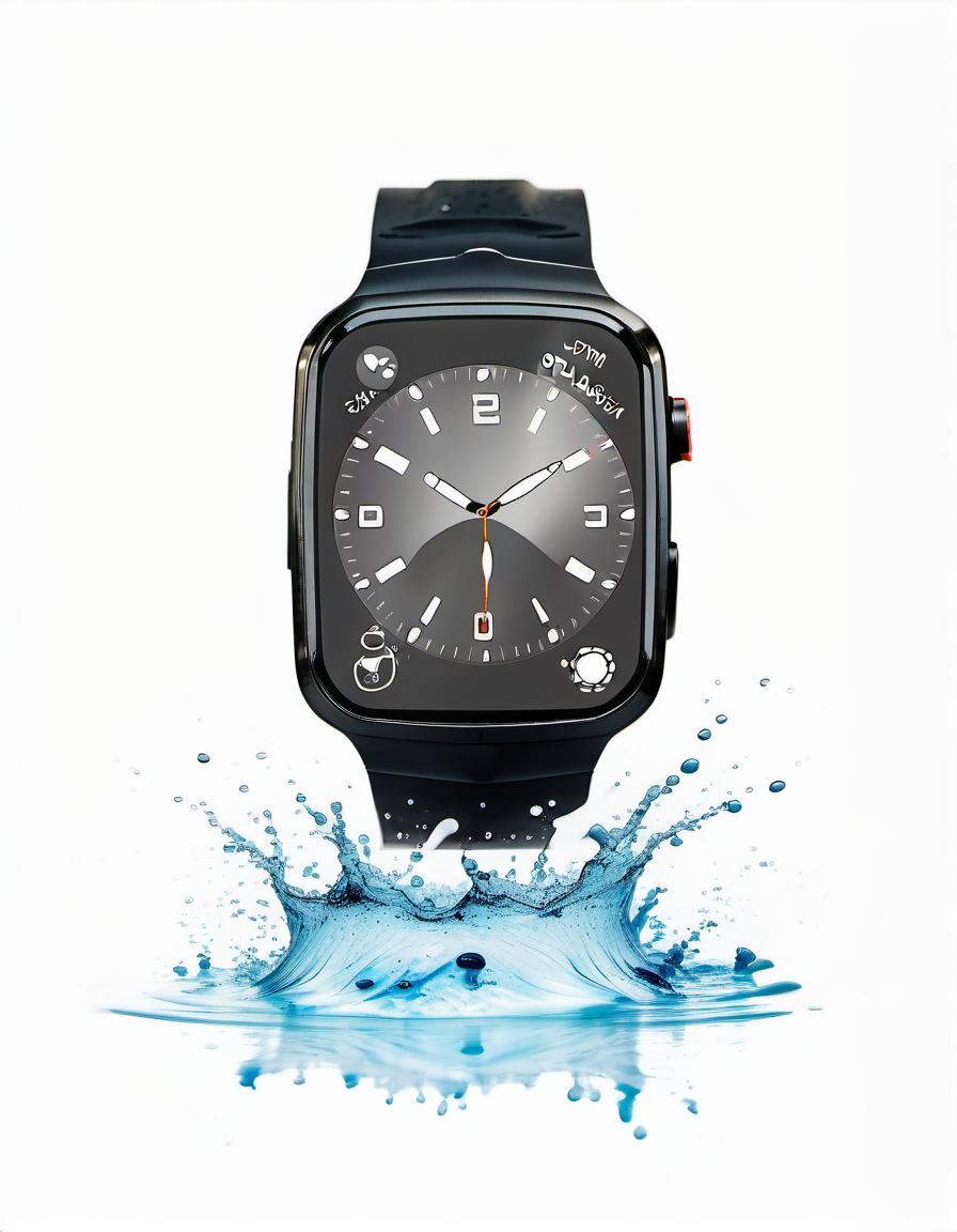  smart watch on a white background, around beautiful splashes of water, film photography style