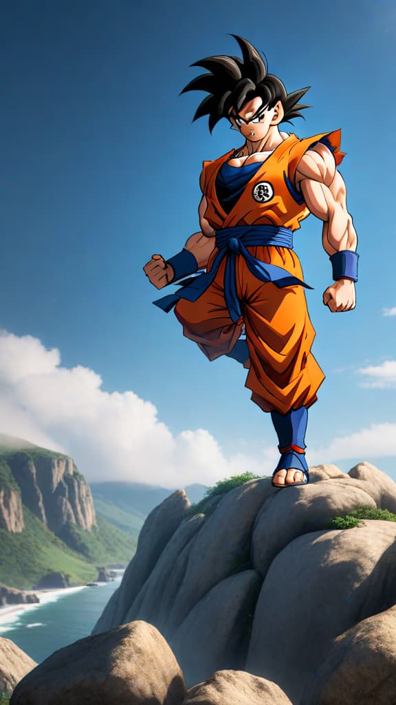  yamcha from dragon ball z standing on a cliff, imagining training with master roshi, goku, and krillin in anime art hyperrealistic, full body, detailed clothing, highly detailed, cinematic lighting, stunningly beautiful, intricate, sharp focus, f/1. 8, 85mm, (centered image composition), (professionally color graded), ((bright soft diffused light)), volumetric fog, trending on instagram, trending on tumblr, HDR 4K, 8K