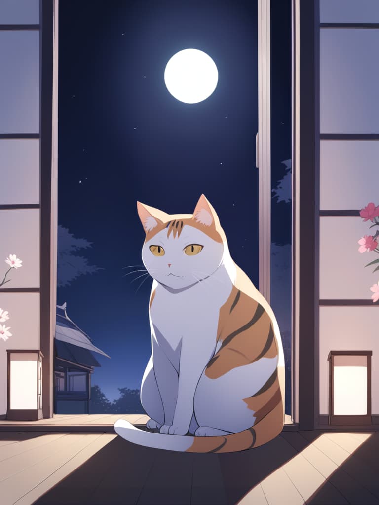  1cat ,japanese cat,nature,animal focus,looking outside from the japanese style room,cosmos field ,cat sitting on the porch ,full moon night,