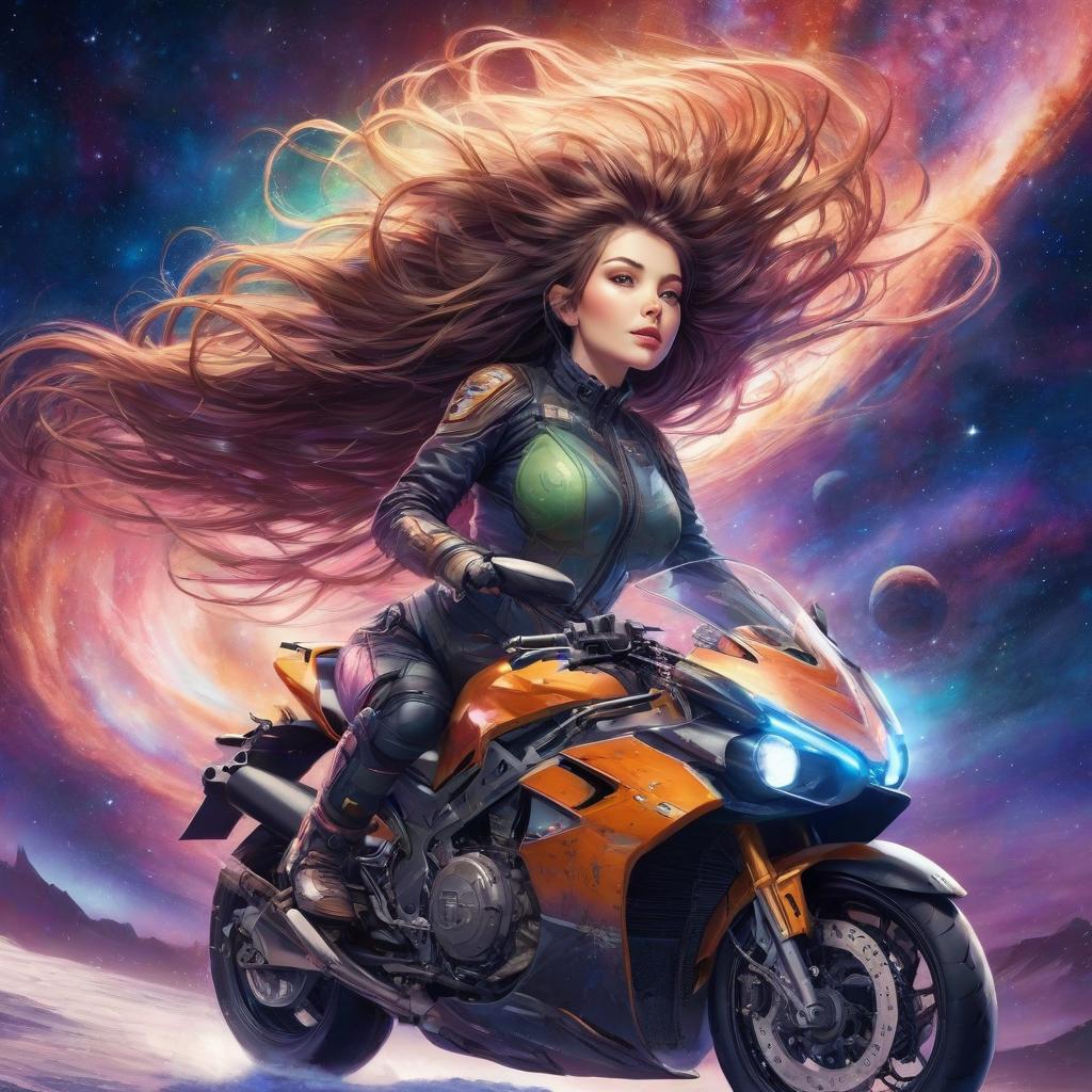  a beautiful girl rides a sports motorcycle, all in skin with her hair loose, into a black hole in space. dynamics, starry sky, against the background of the northern lights, excellent quality, high detail, cyberpunk