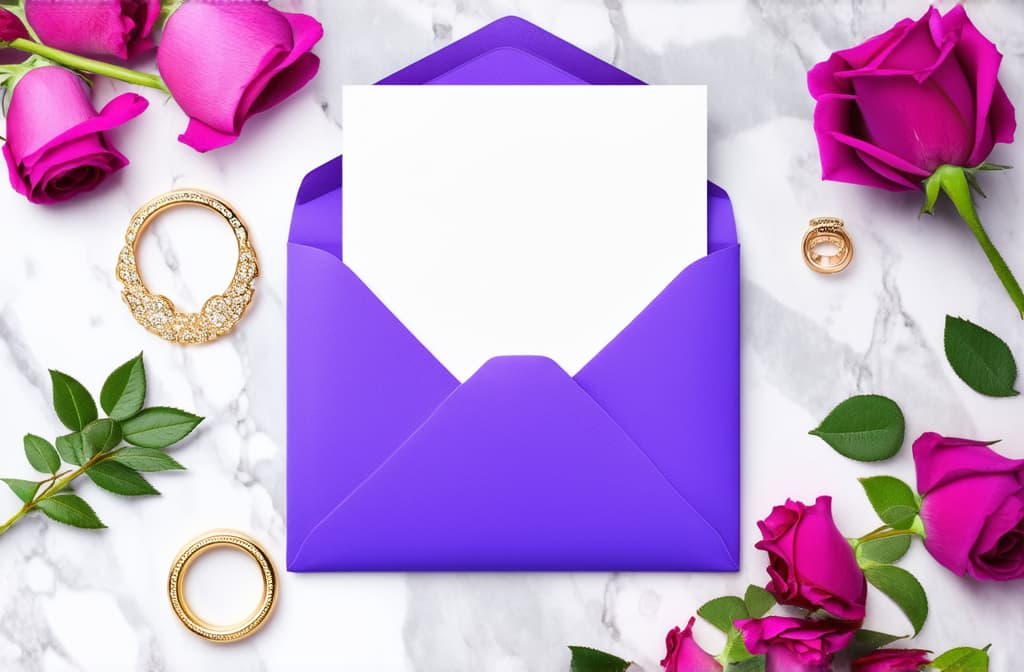  violet envelope with blank paper card, golden rings, roses flowers on marble background. wedding stationery set, top view. ar 3:2 {prompt}, maximum details