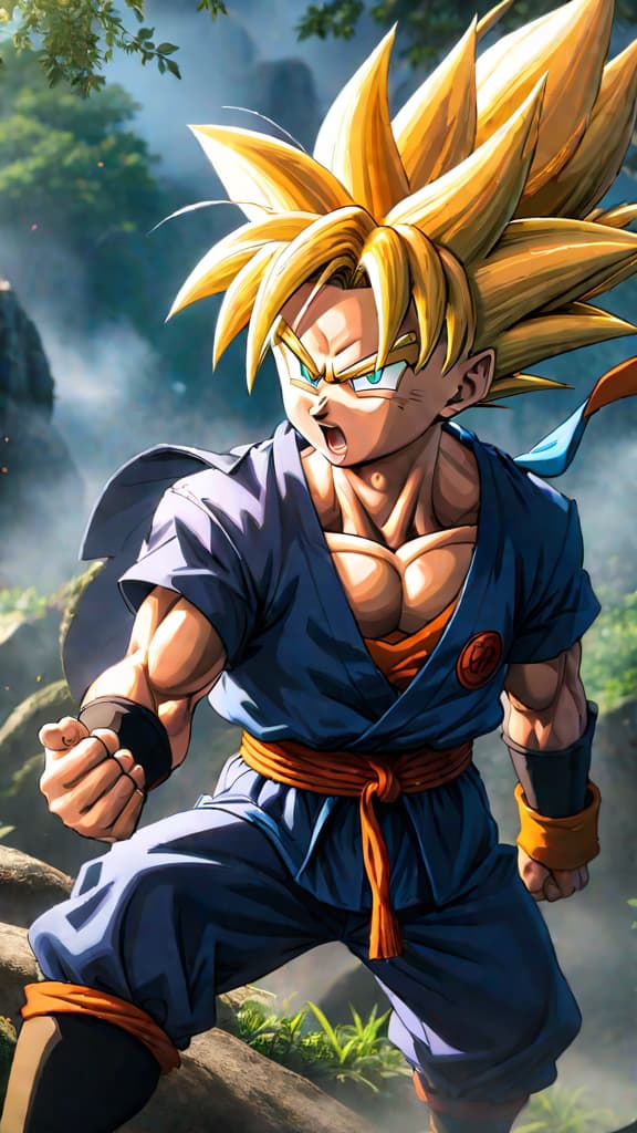  anime art: goten and trunks are outmatched by majin buu's overwhelming power in a fierce battle. hyperrealistic, full body, detailed clothing, highly detailed, cinematic lighting, stunningly beautiful, intricate, sharp focus, f/1. 8, 85mm, (centered image composition), (professionally color graded), ((bright soft diffused light)), volumetric fog, trending on instagram, trending on tumblr, HDR 4K, 8K