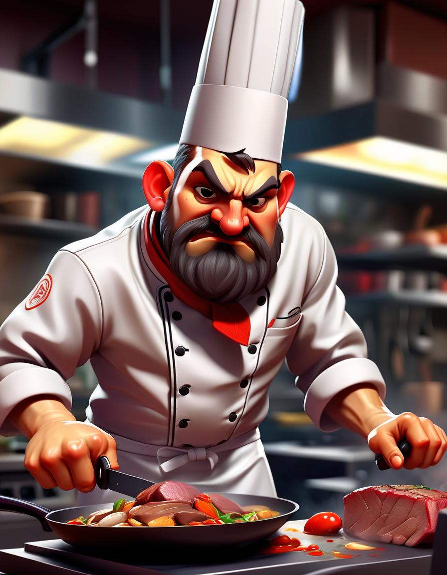  fighting game style a chef at an open kitchen, preparing meals in front of restaurant guests, actively using pans and knives. . dynamic, vibrant, action packed, detailed character design, reminiscent of fighting video games