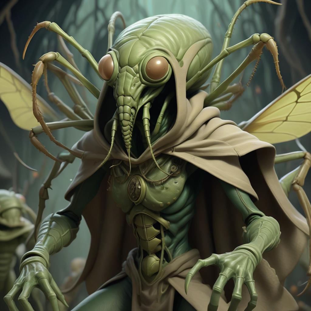  lovecraftian horror thri kreen insectoid monstrous humanoid race with mantis head ranger, wearing travelers rags and cloak, has four hands, swarm of bugs flying around, hive background . eldritch, cosmic horror, unknown, mysterious, surreal, highly detailed