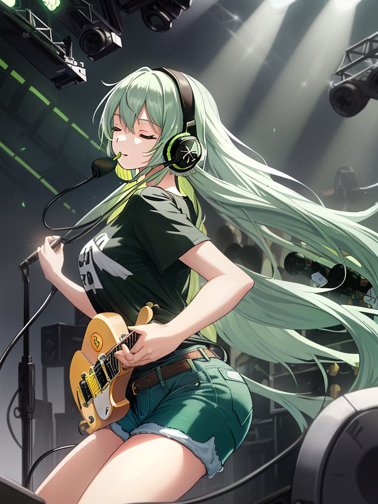  (white background:1.3),(extremely detailed fine touch:1.3),(hard light,studio light,light rays,dappled light,reflection,shadows,ray tracing:1.0),///,,(((green very long hair:1.3))),headphone,forehead,having a bird's eye view,anime style,super fine ilration,highly detailed,dynamic angle,beautiful detailed,8k,on stage break a woman,(((headphone:1.3))),on both ,strumming an electric guitar. she arches her back,closes her eyes and looks joyful. break a spotlight shines on her,(t shirt:1.3),(denim shorts:1.3),(black les paul custom:1.3)