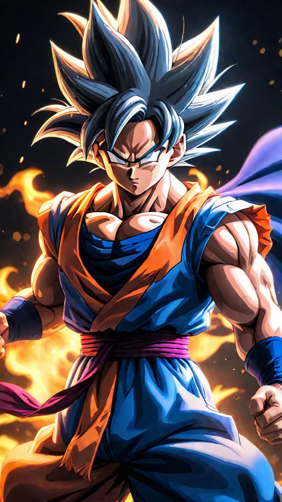  anime art: goku attains ultra instinct, facing beerus, the god of destruction, in an epic power struggle. hyperrealistic, full body, detailed clothing, highly detailed, cinematic lighting, stunningly beautiful, intricate, sharp focus, f/1. 8, 85mm, (centered image composition), (professionally color graded), ((bright soft diffused light)), volumetric fog, trending on instagram, trending on tumblr, HDR 4K, 8K