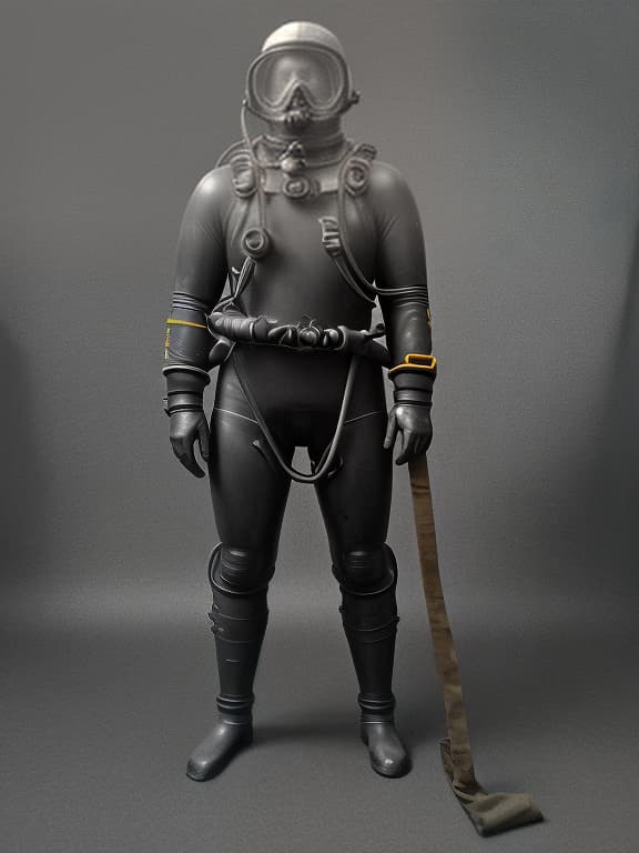  a man in a huge, old underwater diving suit, full length, in a helmet, stands straight, arms shoulder width apart. image diagram.