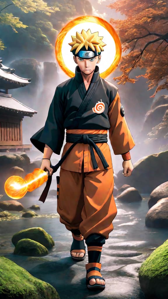  anime art of naruto harnessing the rasengan, embodying his journey and growth with swirling chakra. hyperrealistic, full body, detailed clothing, highly detailed, cinematic lighting, stunningly beautiful, intricate, sharp focus, f/1. 8, 85mm, (centered image composition), (professionally color graded), ((bright soft diffused light)), volumetric fog, trending on instagram, trending on tumblr, HDR 4K, 8K