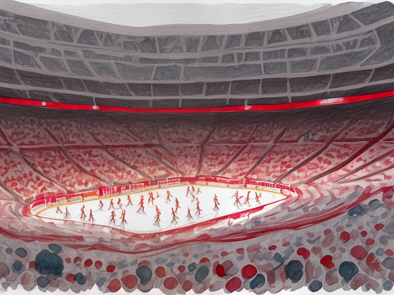  fans in white t shirts and red and gray caps, scarves around the neck, someone's scarves are tied on his arm, standing in the arena, a bottom up view, waving white and red flags. the view is from afar, from below the hockey players play on the ice. aesthetically, beautifully, realistically, professional photo, 4k, high resolution, high detail, 30mm lens, 1/250s, subdued lighting, soft lighting, ultra hd, ultra detailed. 2d style, drawing details, in comic style, contrast. watercolor + pencil, fine drawing