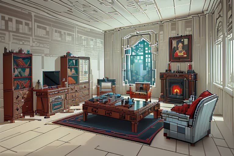  room with computers and posters, gothic style, detailed isometric living room, (pixel art:1.2), (unreal engine voxel render:1.2), very cozy, nostalgia