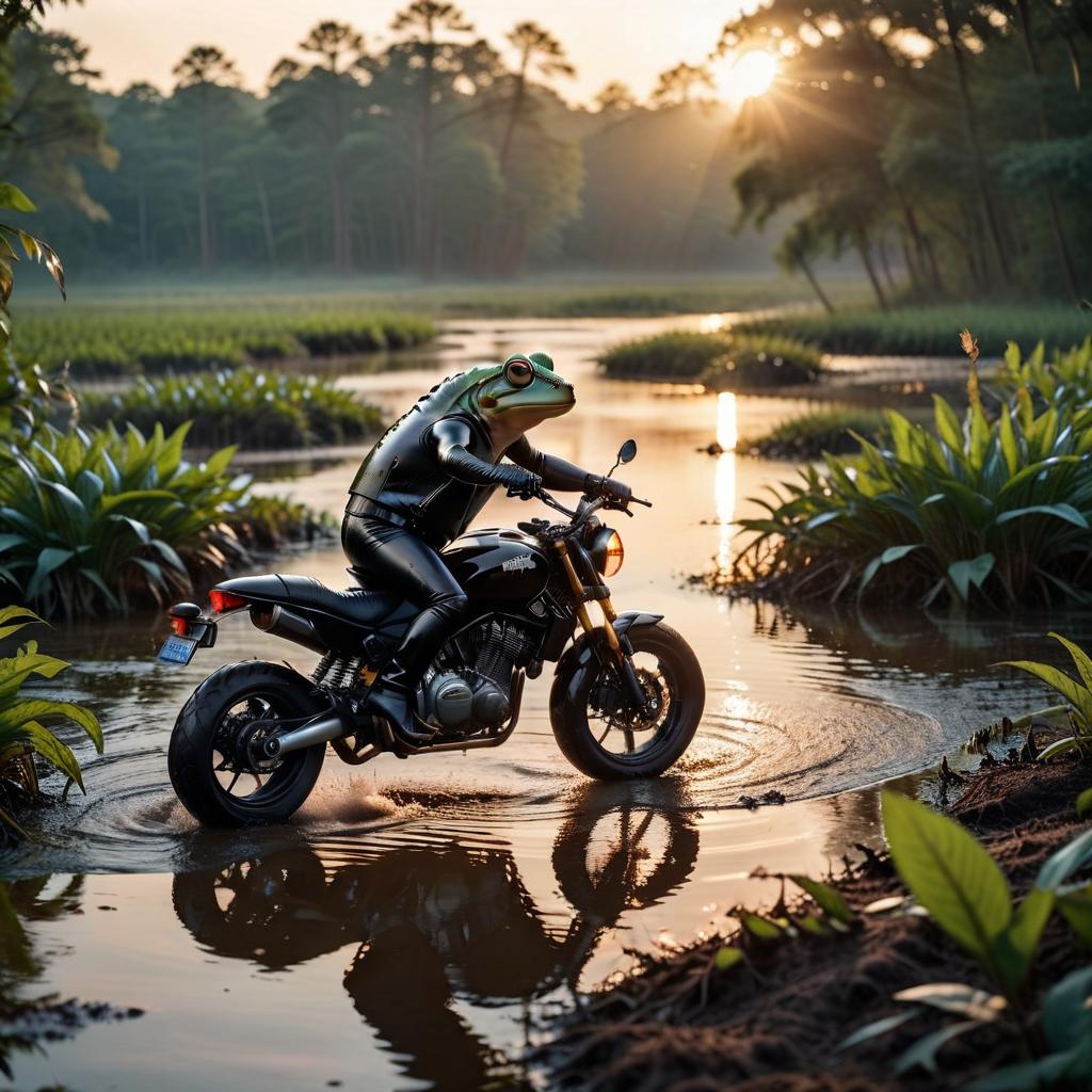  cinematic photo a frog in a black biker jacket and latex pants tightly races a motorcycle through the swamp at sunset. . 35mm photograph, film, bokeh, professional, 4k, highly detailed, civitai, on parchment