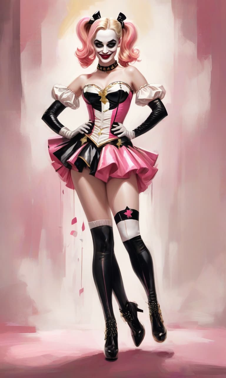  concept art pink, gold, black, white circus margot robbins to the waist in the form of harley quinn costume . digital artwork, illustrative, painterly, matte painting, highly detailed, perfect hands