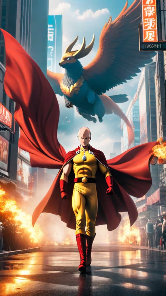  anime art: saitama may possess divine origins, hinted by a lack of logical explanation for his power. hyperrealistic, full body, detailed clothing, highly detailed, cinematic lighting, stunningly beautiful, intricate, sharp focus, f/1. 8, 85mm, (centered image composition), (professionally color graded), ((bright soft diffused light)), volumetric fog, trending on instagram, trending on tumblr, HDR 4K, 8K