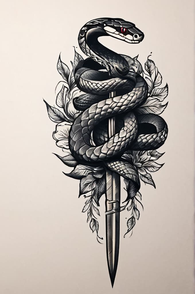  snake going around the dagger, (tattoo sketch:1.25), drawing