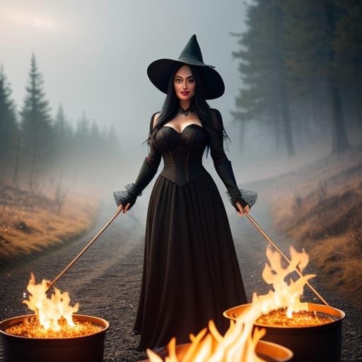  beautiful witch with long black hair casting a spell standing with her hands held aloft above a bubbling cauldron, her face illuminated by the glow of the fire. good skin, clear eyes, smart hair, soft focus, depth of field, 8k photo, hdr, professional lighting, taken with canon eos r5, 75mm lens, low angle shot hyperrealistic, full body, detailed clothing, highly detailed, cinematic lighting, stunningly beautiful, intricate, sharp focus, f/1. 8, 85mm, (centered image composition), (professionally color graded), ((bright soft diffused light)), volumetric fog, trending on instagram, trending on tumblr, HDR 4K, 8K