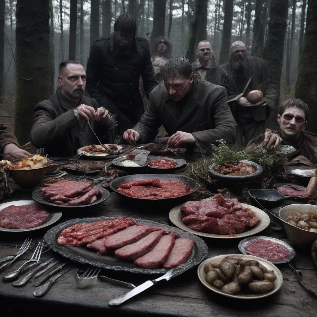  macabre style a feast of prisoners in the forest near the house of the huntsman, the huntsman himself and other people who are not prisoners is not in the picture. on the table should be meat, there may be cutlets, tartar, and in the center of the table should be baked organs such as the heart and stomach. . dark, gothic, grim, haunting, highly detailed