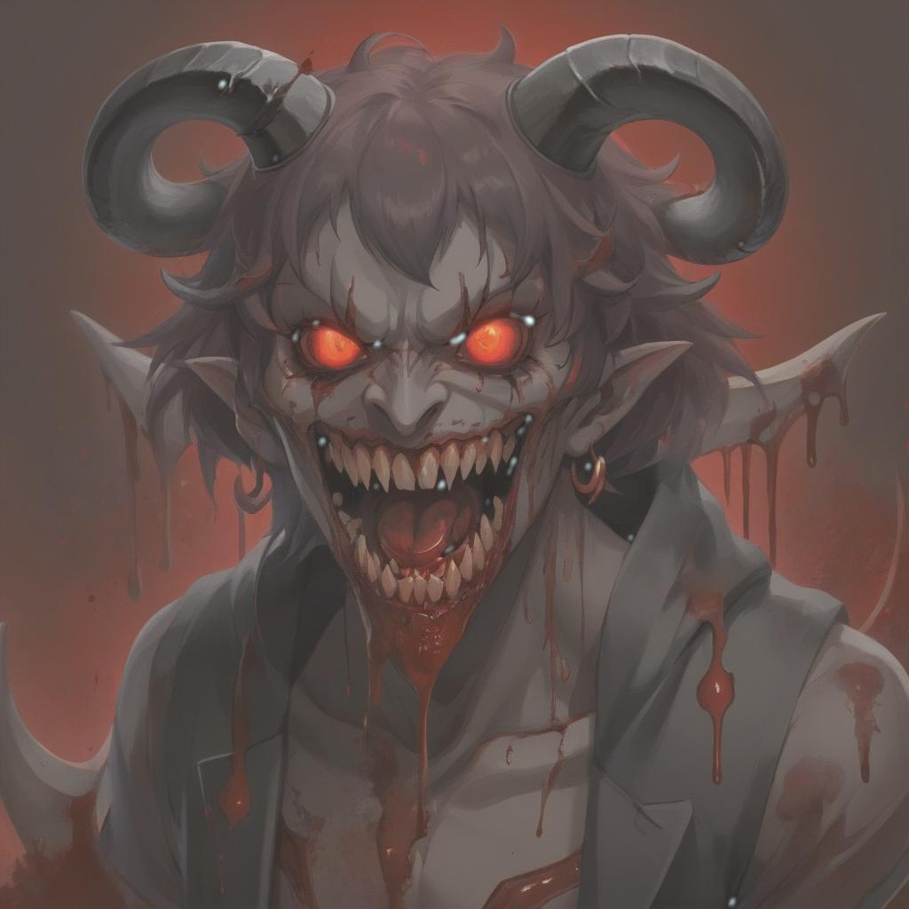  bloody demon, red horns, red eyes, smile with black teeth, completely covered with blood