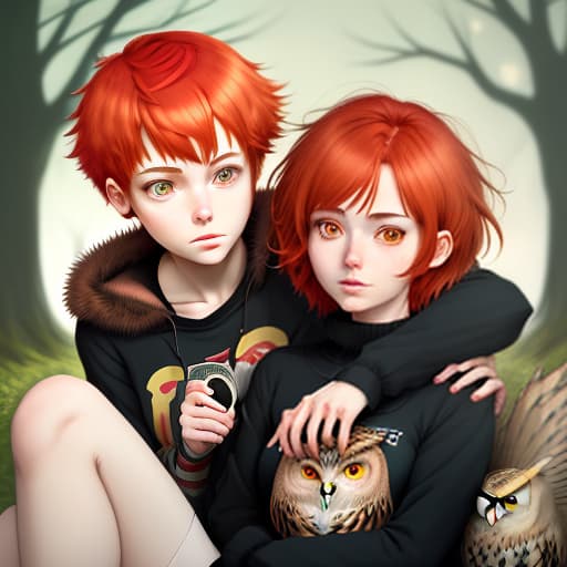  anime girl holds bitcoin in her hands. the girl has short red hair. an owl is sitting on her shoulder, cute , furry , expressive , by seth casteel , carli davidson , rachael hale mckenna, kaylee greer, sophie gamand