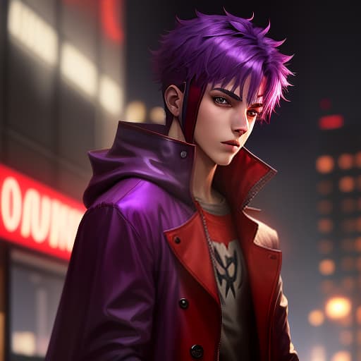  a young guy with purple hair hidden under a red hood of a red raincoat against the background of a night city