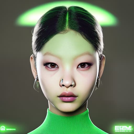 redshift style Jennie Kim as a green-skinned humanoid female from another galaxy