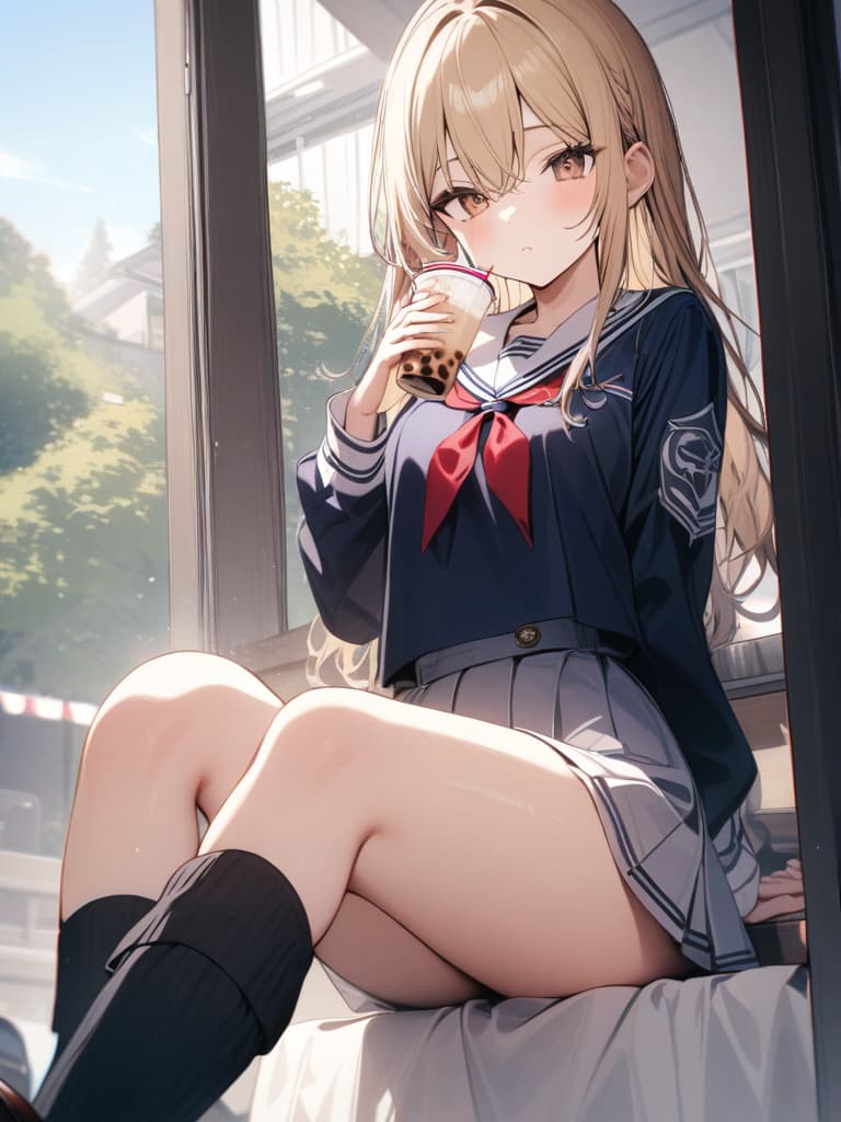  junior high school students, loose socks, sailor uniforms, loafers, blonde, tapioca milk tea, beige eyes, girls, masterpiece, best quality,8k,ultra detailed,high resolution,an extremely delicate and beautiful,hyper detail