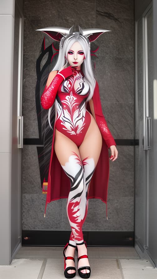  Full body red flame pattern body paint, Silver body paint on the whole body, Silver face paint on the face, Dark elf 女性