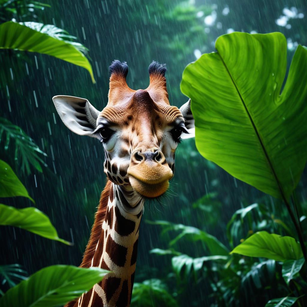  generate a humorous pixar movie style close up image of a grumpy (giraffe) under an enormous jungle leaf during a heavy downpour. the scene is set in the dark jungle with clouds and rain., cinematic film style, shallow depth of field, vignette, highly detailed, high budget, bokeh, cinemascope, moody, epic, gorgeous, film grain, grainy