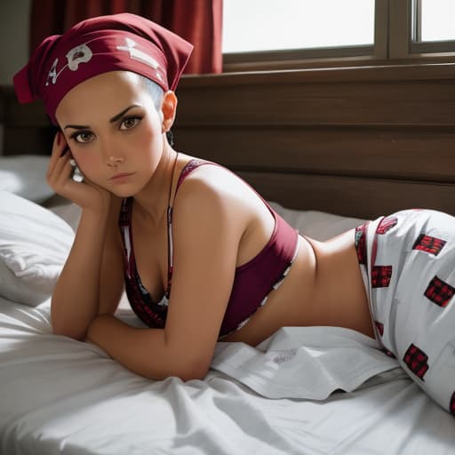  Woman, shaved head, wearing pirate bandana, fever, cooling head, lying in bed, background indoor, distressed expression, wearing pajamas, pop.