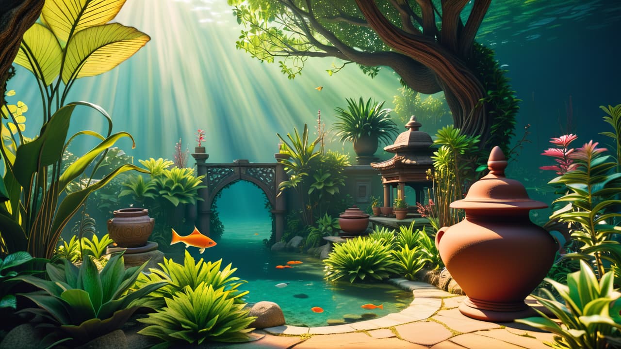  a serene aquascape featuring ancient fishkeeping artifacts, like clay pots and ornate bowls, surrounded by lush aquatic plants, colorful fish swimming gracefully, and historical figures observing, set in a tranquil, natural environment. hyperrealistic, full body, detailed clothing, highly detailed, cinematic lighting, stunningly beautiful, intricate, sharp focus, f/1. 8, 85mm, (centered image composition), (professionally color graded), ((bright soft diffused light)), volumetric fog, trending on instagram, trending on tumblr, HDR 4K, 8K