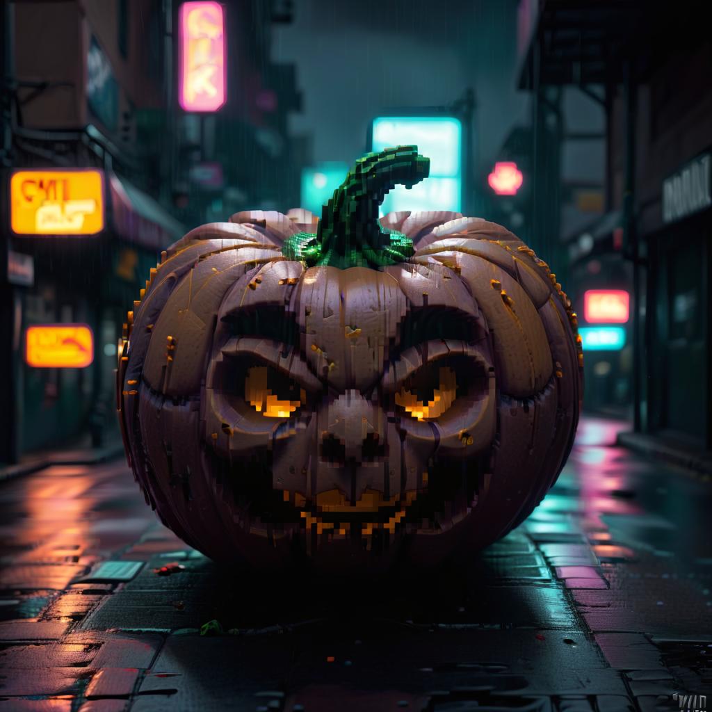  neon noir halloween pixelated pumpkin . cyberpunk, dark, rainy streets, neon signs, high contrast, low light, vibrant, highly detailed, civitai