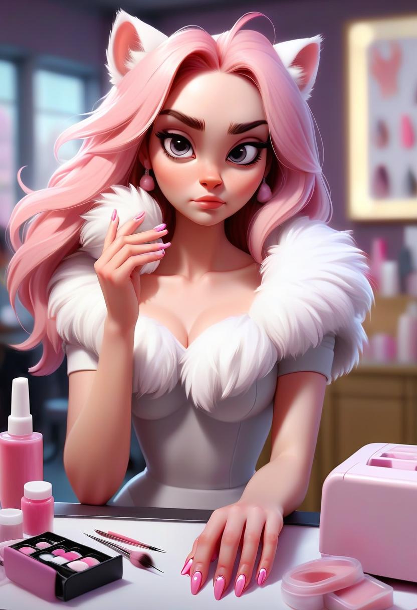  concept art cute young woman with fluffy paws and pinky claws at nail design studio . digital artwork, illustrative, painterly, matte painting, highly detailed, perfect hands, perfecteyes