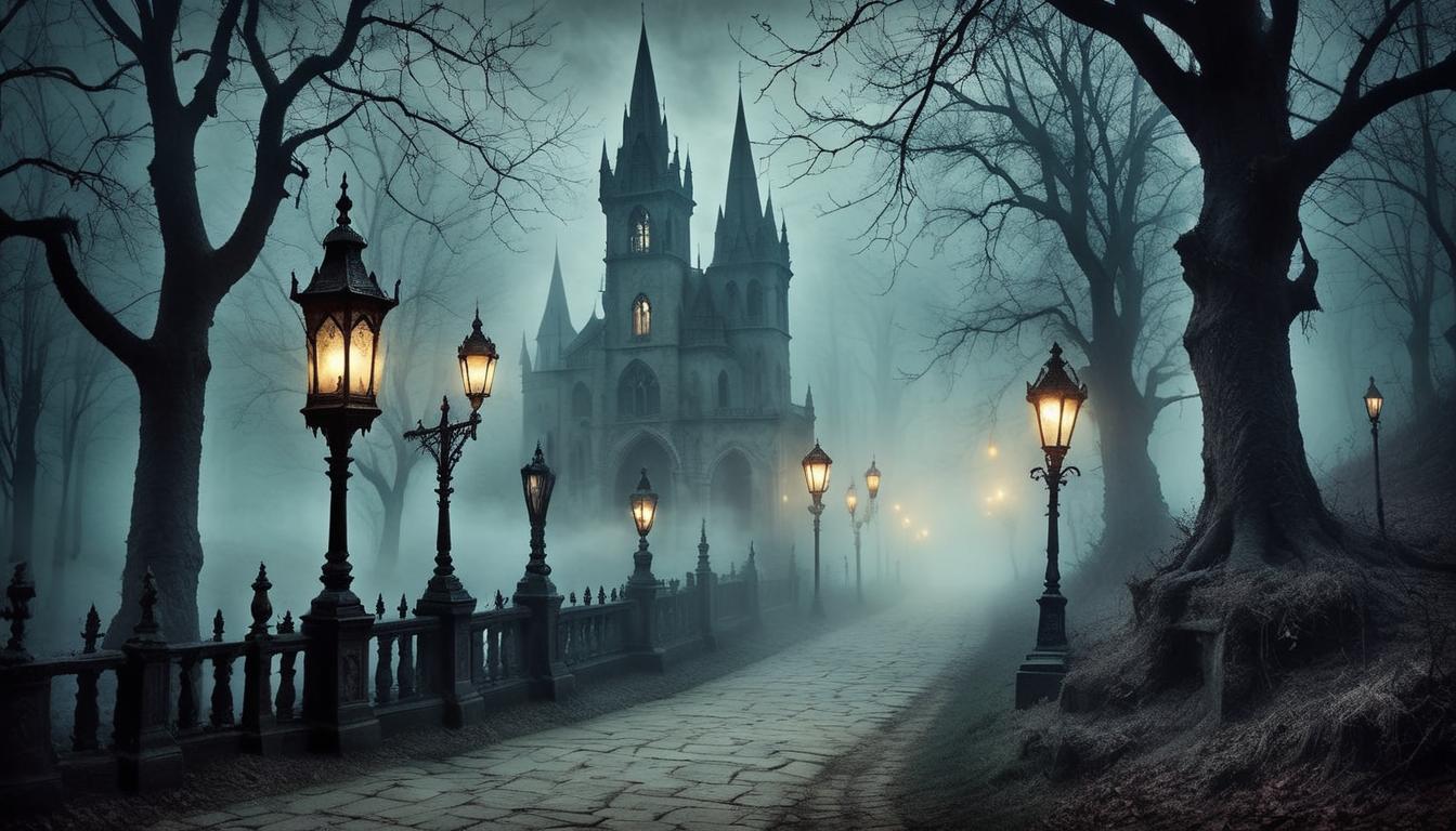  on parchment, surrealism+++, gothic pathway, shrouded in mist, lined with spectral lanterns, eerie ambiance(mysterious, provocative, symbolic,muted color)+++