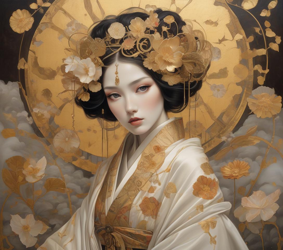  surrealist art a mystical artwork with a female figure adorned with floral headpiece and golden attire, exuding an ethereal, otherworldly charm. imagine an intricately detailed image of a steampunk geisha, her vivid eyes with a dreaming look sparkle beneath long lashes. she is dressed in a gossamer silk kimono, embodying high contrast and decorative designs reminiscent of the art deco era. the portrait seamlessly integrates a mixed media collage approach for added dimension and texture. it pays homage to the flat, decorative patterns and vivid, unnatural colors championed by the symbolist movement (gustav klimt) and pre raphaelite (botticelli) artists, rendered with the depth and richness of oil painting. elements of kintsugi, using gold a