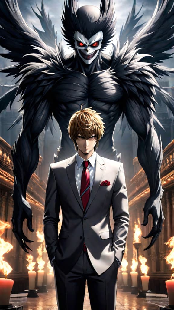  light yagami from death note surrounded by haunting memories with ryuk lurking in the background, anime art hyperrealistic, full body, detailed clothing, highly detailed, cinematic lighting, stunningly beautiful, intricate, sharp focus, f/1. 8, 85mm, (centered image composition), (professionally color graded), ((bright soft diffused light)), volumetric fog, trending on instagram, trending on tumblr, HDR 4K, 8K