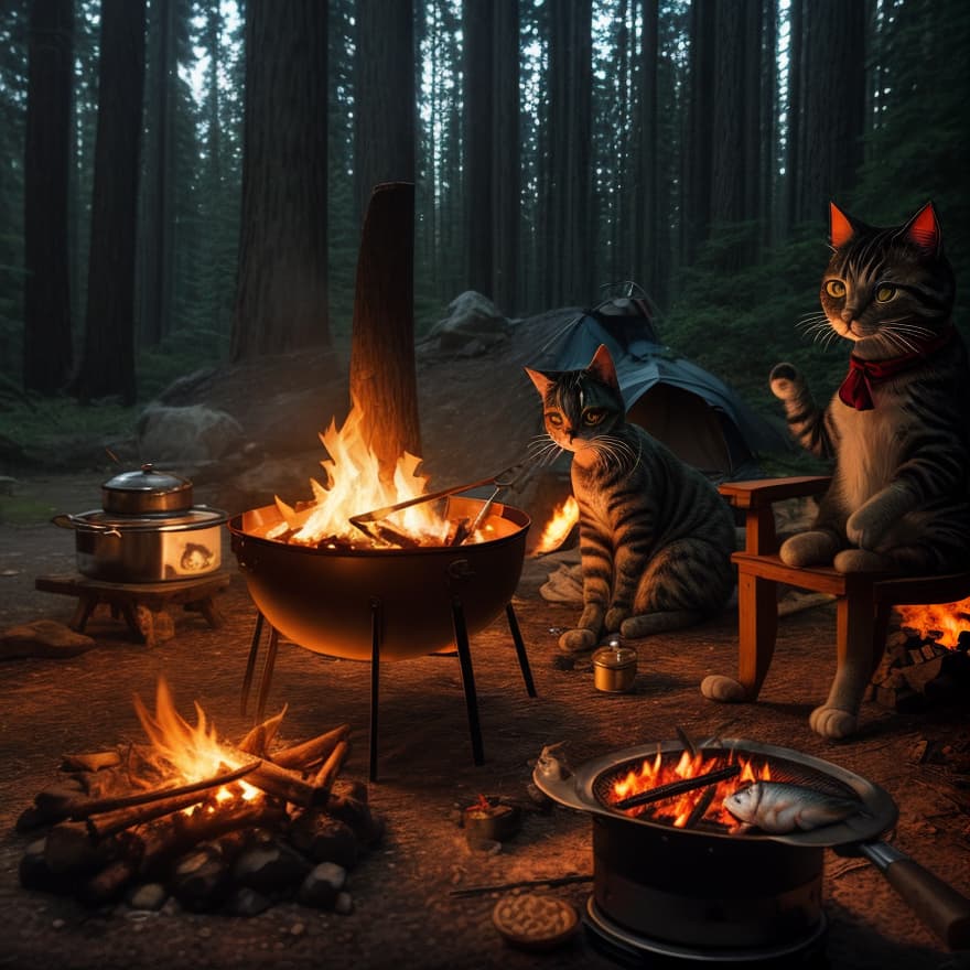  a realistic scene of a chef cat camping in the wilderness, grilling a fish over a campfire. the cat, wearing a traditional chef's hat and apron, stands next to a neatly arranged campsite with a small tent, a backpack, and camping gear scattered around. the campfire emits a warm, flickering glow, illuminating the cat's fur and the fish skewered above the flames. the surrounding forest is lush and green, with tall trees and a clear, starry night sky visible above. the cat's eyes are wide open, intently staring at the fish as it cooks. the scene captures the essence of outdoor adventure and culinary skill, with intricate details and a lifelike atmosphere. high definition, hyper detailed, realistic, outdoor camping, warm campfire lighting, intr