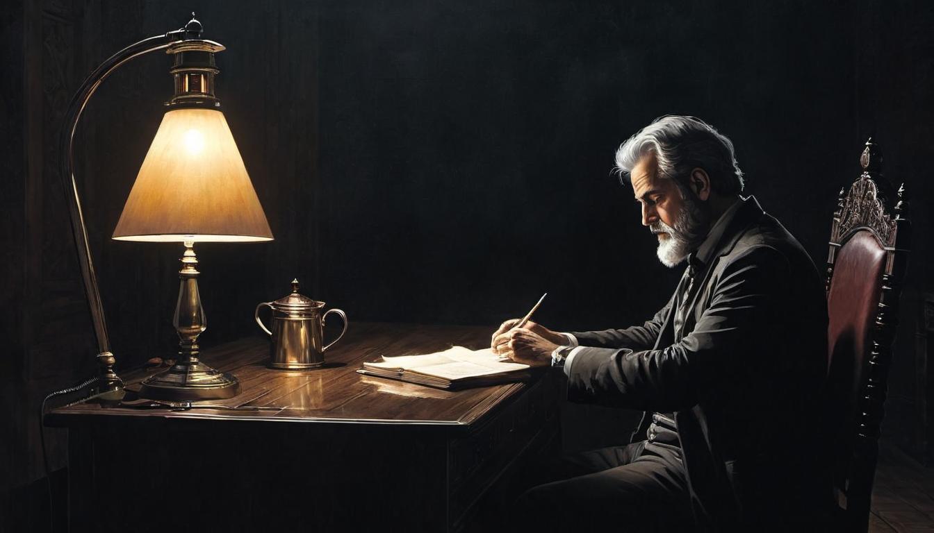  （surrealism)a solitary figure, seated at a desk, a softly glowing lamp, sense of isolation, intense focus, dim surroundings mystic, intricate details, best quality)