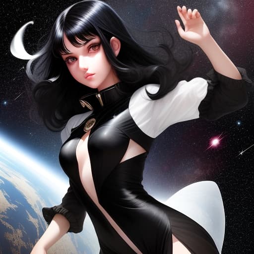  a beautiful girl with black hair, eyes like space, flies among the stars and poses