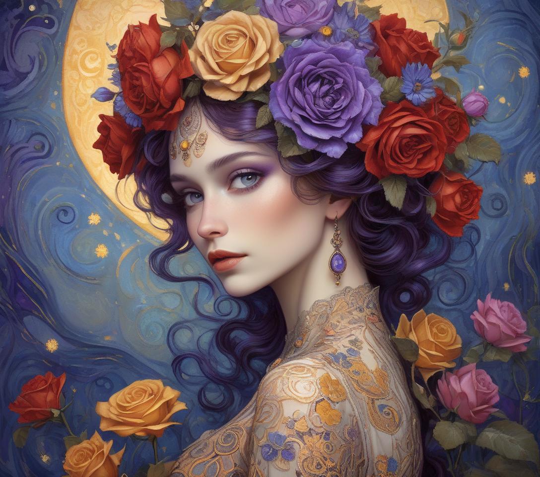  a close up full body portrait of an stylish beautiful woman dressed in klimt style with a beautiful and very detailed face,style of jean baptiste monge, van gogh style, so many kind of flowers ,roses, klimt style. sunset. background, masterpiece, use shades of purple , blue, red and green best quality, super detailed, high resolution, very detailed, 8k uhd, realistic, (natural light), amazing, fine details, best, high quality, raw photo. arte nova. ember filigree and lace.