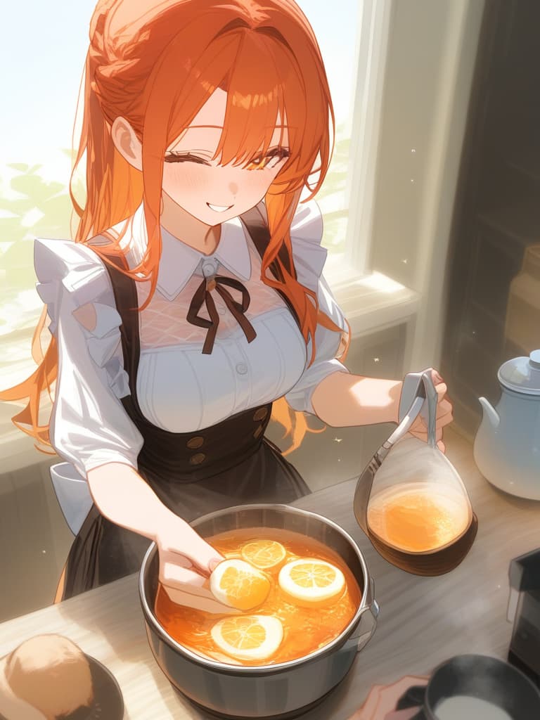  masterpiece,one maid girl,orange hair color,smiling,pot in hand,(((making tea for cute a sloth))),tea party,super delicate,super high quality