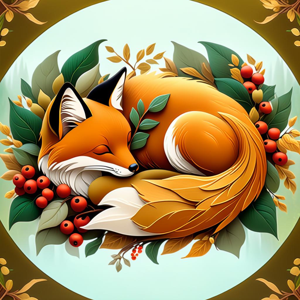  dreamscape (frame):gold round frame decorated with fancy oak leaves and rowan berries. (picture). animalism in fantasy style: little fox sleeping in the arms of big mum fox. appearance of a fox:sweetly sleeping curled up in a ball. (colours):orange, red, white, beige, gold, all shades of green, brown, brown gold. (style):animalism, fantasy, fairy tale, tenderness, kindness, calmness, cartoon . surreal, ethereal, dreamy, mysterious, fantasy, highly detailed, civitai, hkmagic hyperrealistic, full body, detailed clothing, highly detailed, cinematic lighting, stunningly beautiful, intricate, sharp focus, f/1. 8, 85mm, (centered image composition), (professionally color graded), ((bright soft diffused light)), volumetric fog, trending on instagram, trending on tumblr, HDR 4K, 8K