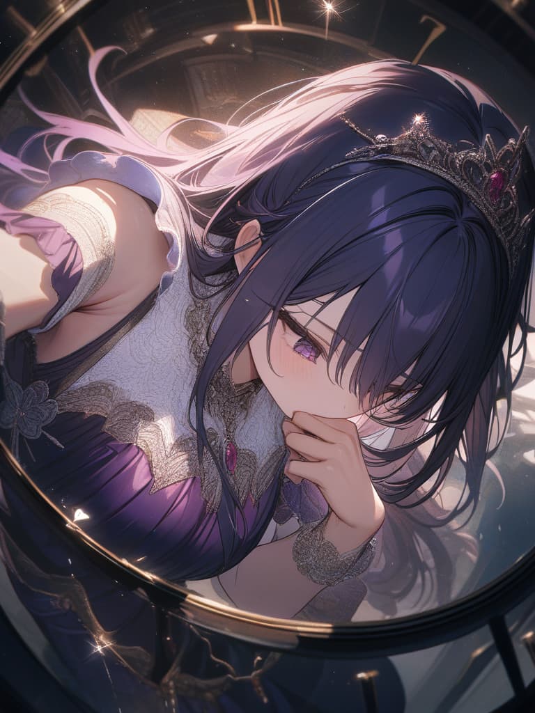  purple hair, odd eye, dark purple mermaid dress, tiara on the head, hitting the right hand on your cheeks, looking down from above, looking down, glittering, shear feeling, clock in the left eye, masterpiece, best quality,8k,ultra detailed,high resolution,an extremely delicate and beautiful,hyper detail